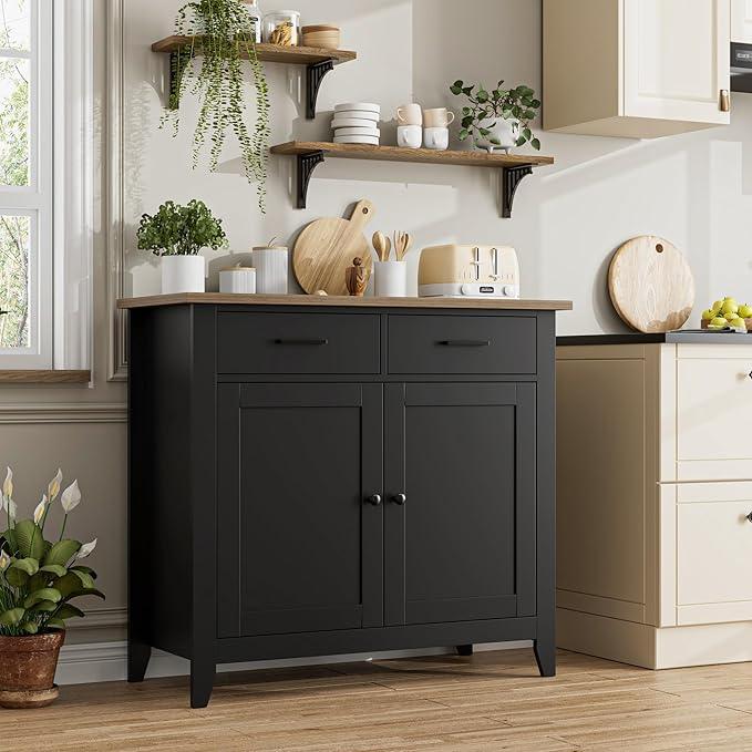 HORSTORS Kitchen Storage Cabinet, Modern Farmhouse Buffet Cabinet with Storage, Coffee Bar with 2 Drawers and 2 Doors, Floor Sideboard Buffet for Living Room, Dining Room, Bathroom, Black/Rustic Brown - ModernBath