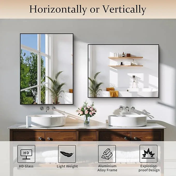 COFENY Black Bathroom Mirror for Wall, 24x32 Inch Rectangle Mirror with Metal Frame, Modern Vanity Mirrors for Bathroom Living Room, Entryway Hangs Horizontal or Vertical - ModernBath