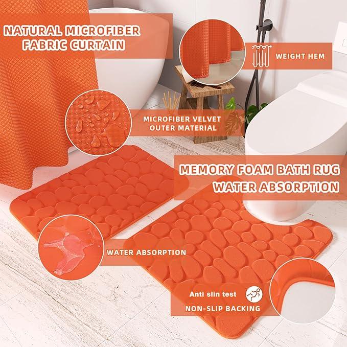 XLHOMO Bathroom Accessories Set - 25PC Bathroom Sets with Shower Curtain and Rugs, Orange Bathroom Accessories with Trash Can, Soap Dispenser, Soap Dish & Toilet Brush - ModernBath