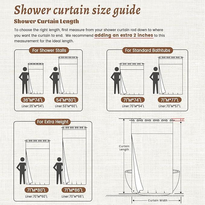 WONICY No Hook Brown Shower Curtain and Liner, Linen-Look Polyester Textured Shower Curtain with Snap in Liner, Waterproof & Washable Bath Curtains for Bathroom, 71Wx74H - ModernBath