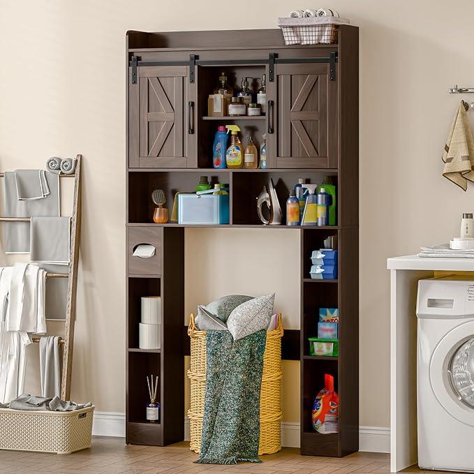Farmhouse Storage Cabinet Over Toilet with Sliding Doors，Over The Toilet Storage Cabinet, Home Space-Saving Toilet Rack, for Bathroom, Restroom, Laundry.Espresso - ModernBath