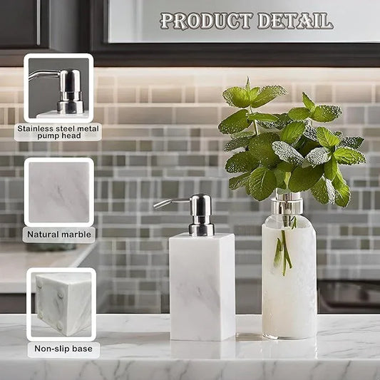 Hand Liquid&Lotion Soap Dispenser Pump Bottle Natural Marble for Kitchen Bathroom Countertop Laundry Room Holds Dish Soap Shampoo Laundry Liquid Shower Gel (Sir White) - ModernBath