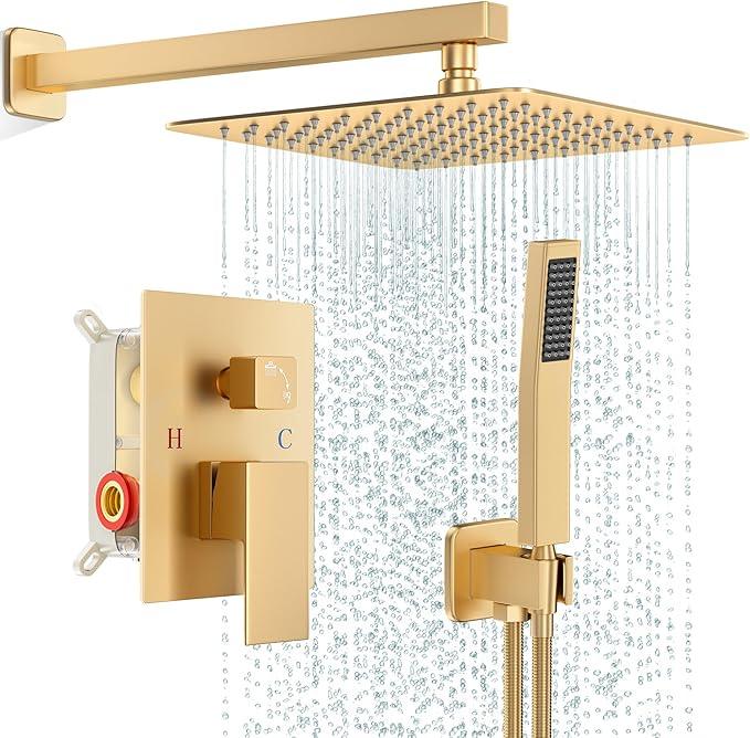 FPXRNG Gold Shower Faucet Set, Rainfall Shower System with Rain Shower Head and Handle Set, Wall Mounted Shower Fixtures, Full Metal Trim Repair Kit 12 inch Paint Gold (With Shower Valve) - ModernBath