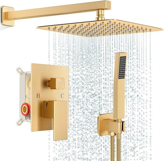 FPXRNG Gold Shower Faucet Set, Rainfall Shower System with Rain Shower Head and Handle Set, Wall Mounted Shower Fixtures, Full Metal Trim Repair Kit 12 inch Paint Gold (With Shower Valve) - ModernBath