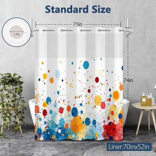 Kids Rainbow No Hook Shower Curtain and Liner Set, Abstract Colorful Cute Polka Dot Double Layers Waterproof Fabric Shower Curtain, Modern Geometric Aesthetic Decor Bathroom Curtains, 71x74 Inch - ModernBath
