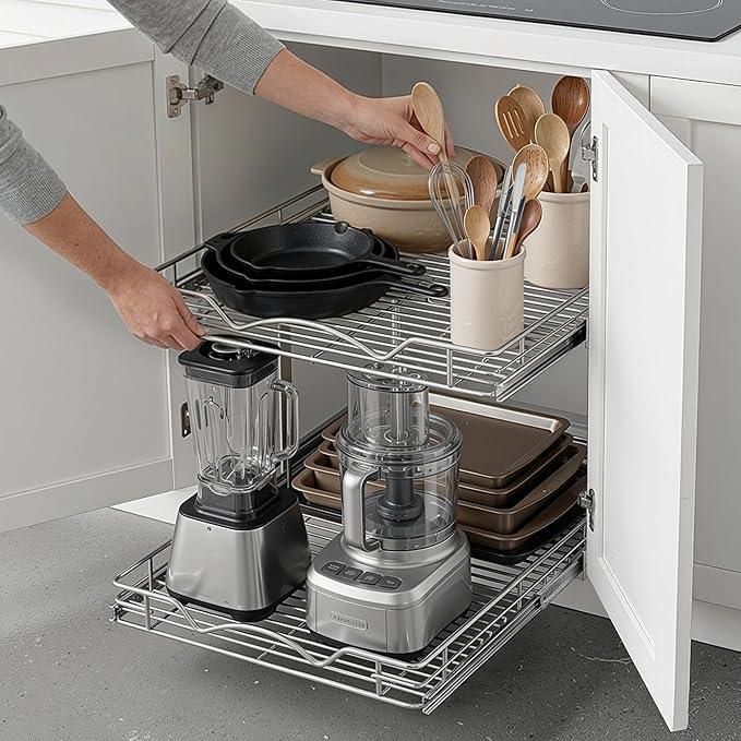 HOLDN’ STORAGE Two Tier Pull Out Cabinet Organizer, Individual Sliding Drawers - Heavy Duty Metal with Lifetime Limited Warranty - Anti Rust Chrome Finish - 28" W x 21”D x 16.5" H - ModernBath
