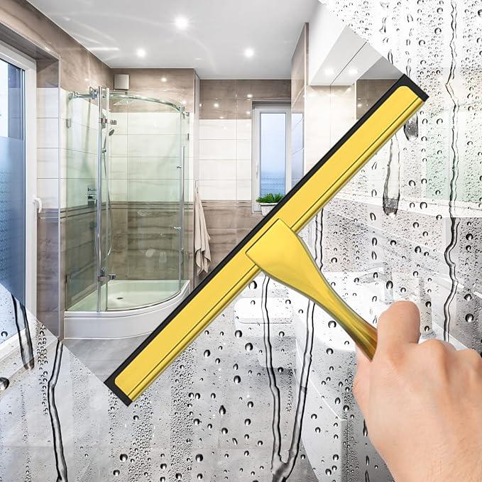 All-Purpose Stainless Steel Shower Squeegee for Shower Doors with 2 Adhesive Hooks, Bathroom Cleaner Tool Household Window Mirror Squeegee for Home Cleaning, Glass Door, Tile Wall, Car, 10 Inch Golden - ModernBath