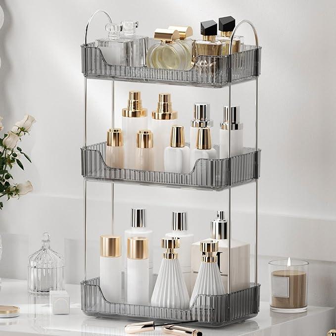 YCIA&DONE Bathroom Organizer Countertop, Makeup Storage, Skincare Cosmetic Tray Shelf, Perfume Holder Rack for Vanity Counter, Large Capacity, Easy to Install, Clean, 3 Tiers, Smoky Gray - ModernBath