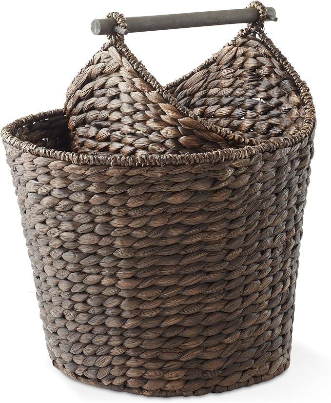 Casafield Toilet Paper Roll Storage Basket with Magazine Holder, Espresso - Woven Water Hyacinth Wicker Bathroom Bin for Bath Tissue and Toiletries - ModernBath