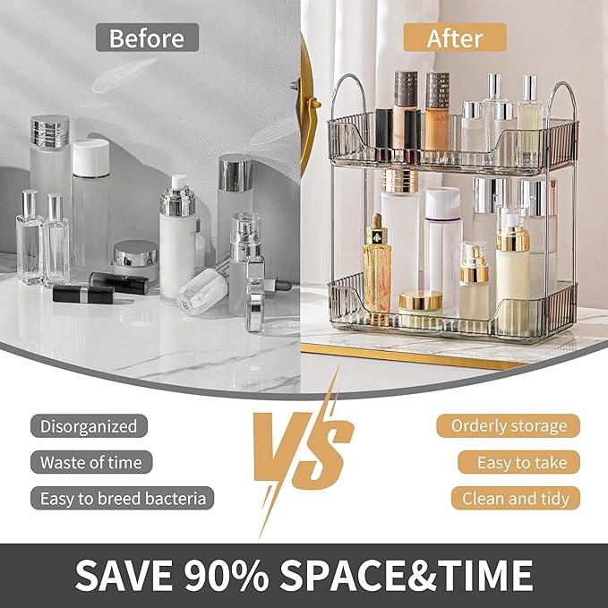 YCIA&DONE Bathroom Organizer Countertop, Makeup Storage, Skincare Cosmetic Tray Shelf, Perfume Holder Rack for Vanity Counter, Large Capacity, Easy to Install, Clean, 2 Tiers, Smoky Gray - ModernBath