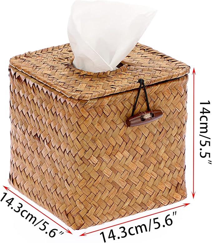 Sumnacon Tissue Box Cover Square Seagrass Tissue Box with Lid, Woven Tissue Box Holder Rustic Cube Tissue Cover for Bathroom Toilet Bedroom Living Room Kitchen Table Desk Office Car, Caramel - ModernBath