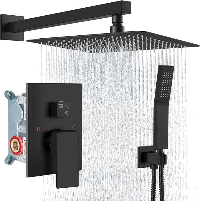 Aolemi Shower Faucet Set Rain Shower System with Handheld Spray Bathroom Shower Combo Rough-in Valve and Shower Trim Kit Included Matte Black 16 Inch Wall Mount Shower Head - ModernBath