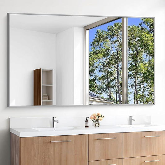KOCUUY Silver Bathroom Mirror, 60"x36" Large Rectangle Bathroom Mirror for Wall, HD Tempered Glass, Anti-Rust Brushed Silver Frame, Modern Design for Bathroom, Bedroom, Hang Horizontal/Vertical - ModernBath