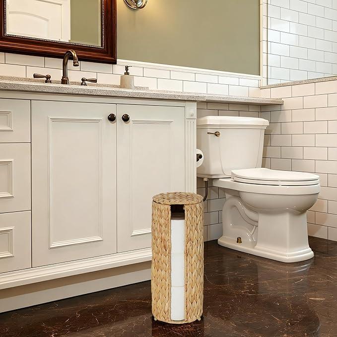 PINXIURY Water Hyacinth Paper Roll Holder, Wicker Toilet Paper Holder Stand for Bathroom, 3 Rolls of Toilet Paper Storage, Toilet Roll Holder Stand for Bathroom and Under Sink - ModernBath