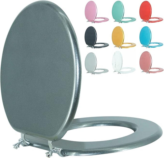 BLOFDE Round Toilet Seat Wood Toilet Seat Prevent Shifting with Zinc Alloy Hinges American Standard Size Toilet Seat Easy to Install also Easy to Clean(Round,Sparkling GentlemanGrey)