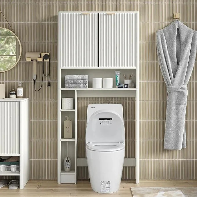 Furnideco Fluted Over The Toilet Storage Cabinet 31''W Modern Above Toilet Storage Cabinet with Fluted Doors & Adjustable Shelf for Bathroom, Antique White - ModernBath