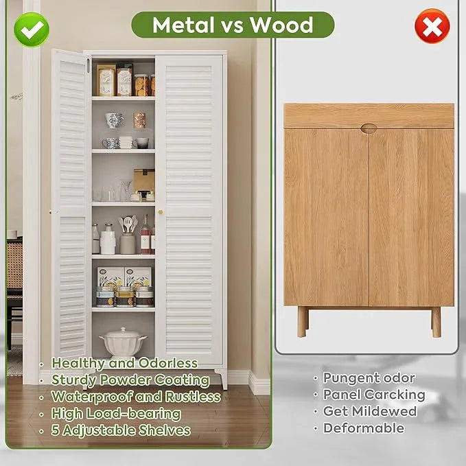 74" H Kitchen Pantry Storage Cabinet, Metal Storage Cabinets with 5 Adjustable Shelves for Kitchen Bathroom Living Room, Required Assembly, White - ModernBath