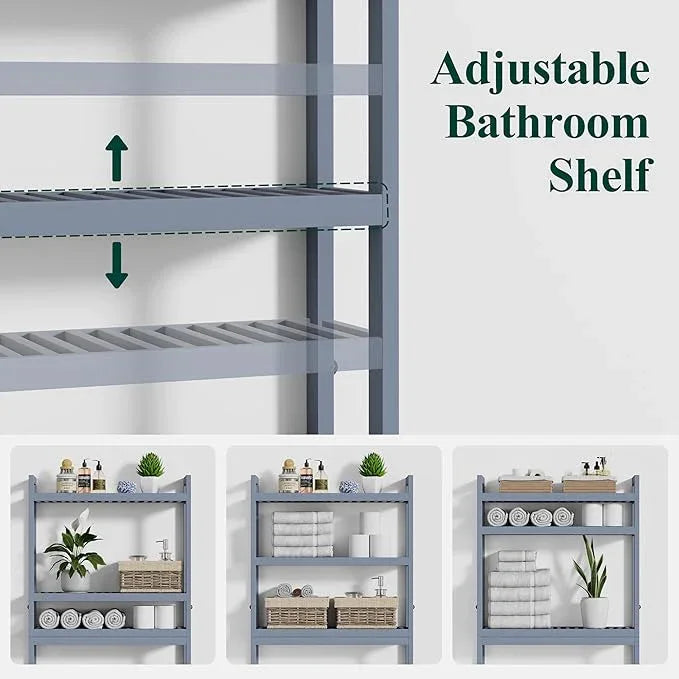 Smiry Over The Toilet Storage Cabinet, 3-Tier Bamboo Bathroom Organizers with Adjustable Shelf & 4 Hooks, Space Saving Shelf Rack for Bathrooms, Laundry Room, Balcony, Grey - ModernBath