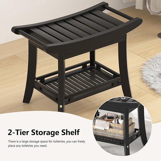 Eastglory Bamboo Shower Bench Chair Bathroom Shower Stool Seat for Inside Shower Bathtub with Storage Shelf Shower Foot Rest for Shaving Legs 25.2 x 13 x 19.2 Inches Black - ModernBath