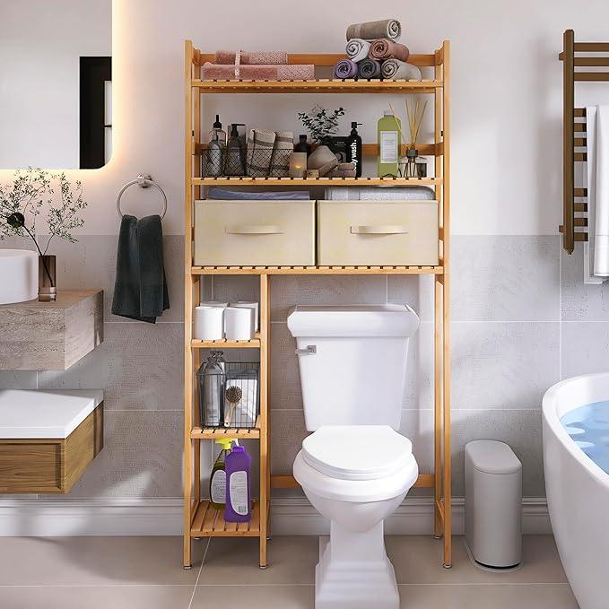 SMIBUY Over The Toilet Storage, Bamboo 6-Tier Bathroom Storage Shelf with Drawers, Freestanding Above Toilet Organizer Rack, Mass-Storage, Space Saver for Small Room (Natural) - ModernBath