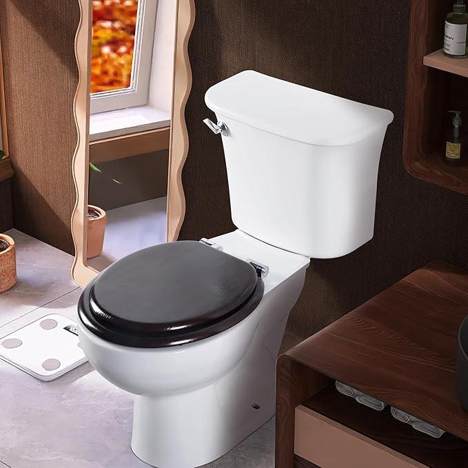 Round Toilet Seat Molded Wood Toilet Seat with Quietly Close and Quick Release Hinges, Easy to Install also Easy to Clean by Angol Shiold (Round, Dark Brown) - ModernBath