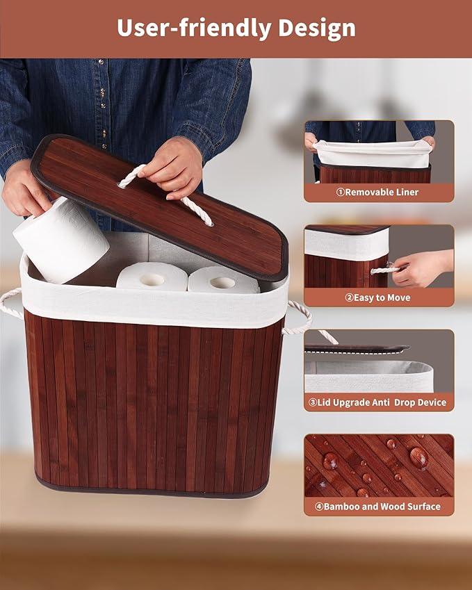 Bamboo Toilet Paper Storage with Lid & Handel, 8 Gallons (30L), Sturdy Toilet Paper Basket, Organizer for Bathroom, Kitchen, Holder with Storage, Brown - ModernBath
