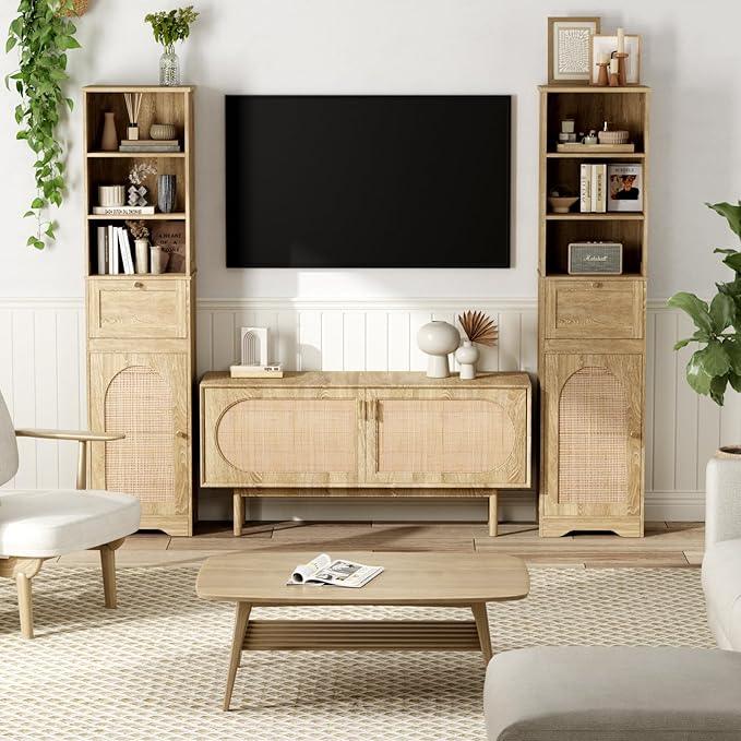 67" H Natural Bathroom Storage Cabinet with Rattan Doors and Slide Storage, Tall Narrow Freestanding Tower Cabinets with Adjustable Shelves for Kitchen, Living Room, Dining Room - ModernBath