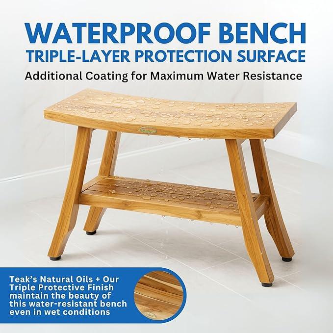 EcoDecors 34 Inch Satori Natural Teak Waterproof Teak Wood Shower Bench Stool Seat Chair For Inside Shower Provides Safety, Storage, and Organization For Bathroom Accessories - ModernBath
