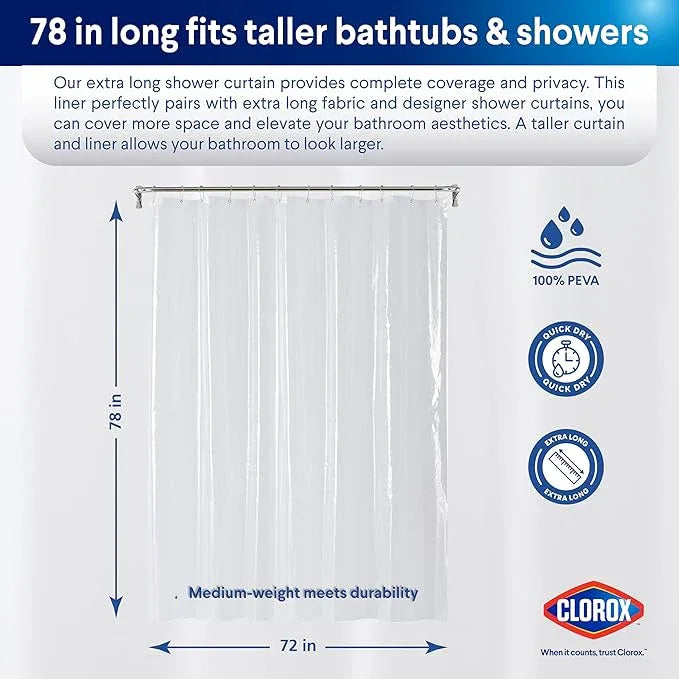 CLOROX Shower Curtain Liner, Premium Medium-Weight Durable Waterproof 6g PEVA for Bathroom with Weighted Magnets, Extra Long 72" x 78", Clear 1 Pack - ModernBath