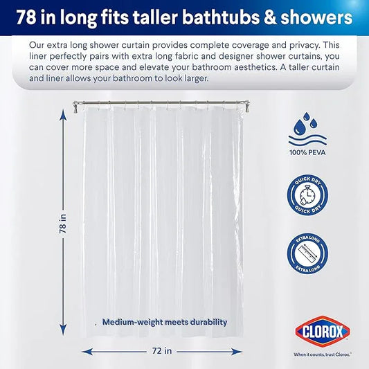 CLOROX Shower Curtain Liner, Premium Medium-Weight Durable Waterproof 6g PEVA for Bathroom with Weighted Magnets, Extra Long 72" x 78", Clear 1 Pack - ModernBath