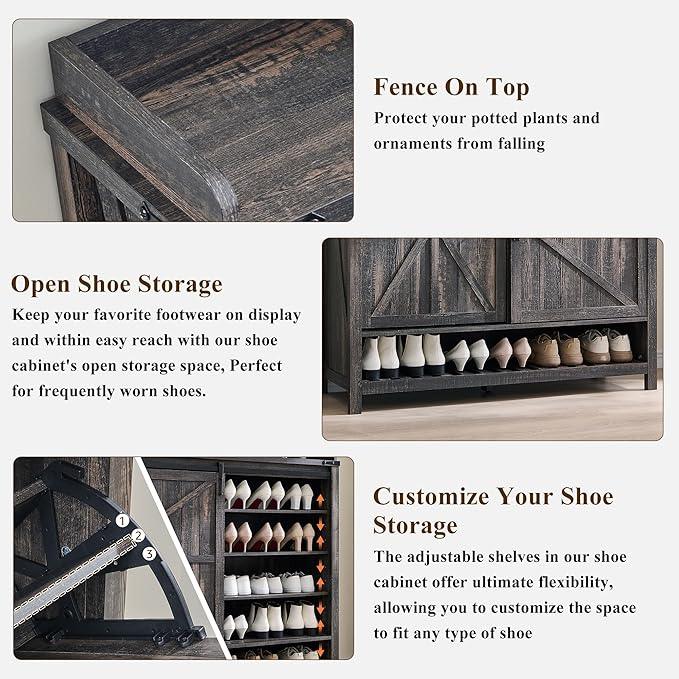 OKD Shoe Storage Cabinet with 2 Flip Drawers & Sliding Door, Farmhouse Entryway Shoe Organizer, Freestanding Rustic Hidden Shoe Rack Cabinet for Entryway, Dark Rustic Oak - ModernBath