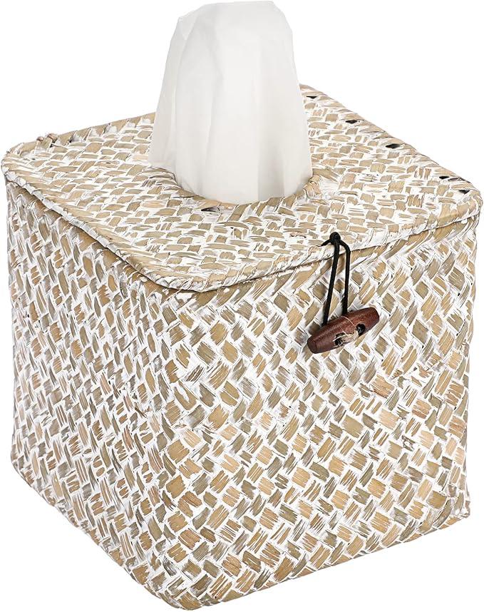 Sumnacon Tissue Box Cover Square Seagrass Tissue Box with Lid, Woven Tissue Box Holder Rustic Cube Tissue Cover for Bathroom Toilet Bedroom Living Room Kitchen Table Desk Office Car, Whitewash - ModernBath