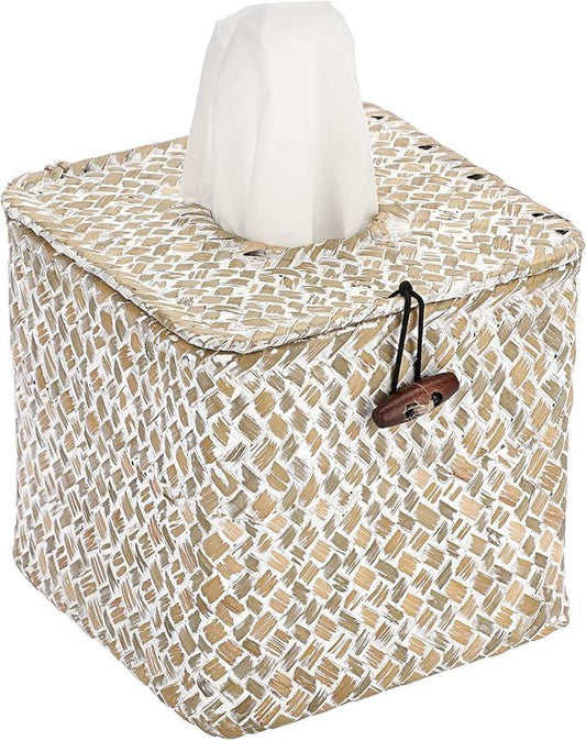 Sumnacon Tissue Box Cover Square Seagrass Tissue Box with Lid, Woven Tissue Box Holder Rustic Cube Tissue Cover for Bathroom Toilet Bedroom Living Room Kitchen Table Desk Office Car, Whitewash - ModernBath