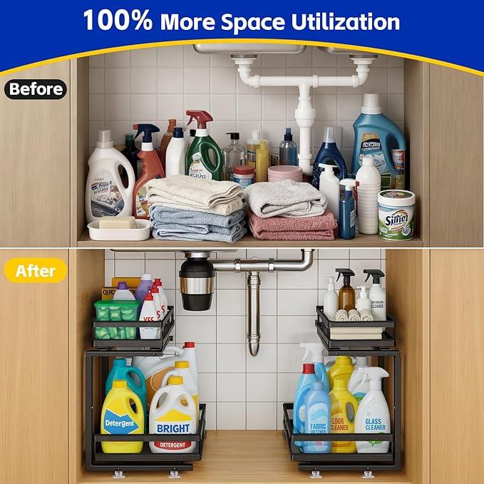 Under Sink Organizer, Dual-Rail Ball-Bearing, Under Kitchen Sink Organizer, 6-Level Adjustable, Under Cabinet Organizer, No-Drill Adhesive/Suction, Under Sink Storage (Matte Black, 2-Pack) - ModernBath