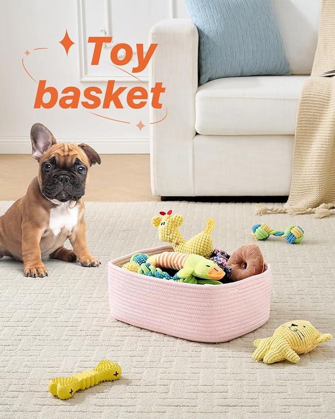 Small Woven Basket, 13.5 x 9.5 x 5 Inches, Storage Basket for Organizing, Cute Small Rope Shelf Closet Cube Storage Bins Baskets for Shelves, Dog Toy Gift Baskets Empty, 3 Pack Light Pink - ModernBath