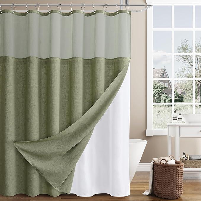 Naturoom Long Shower Curtain with Liner 78 Length Sage Green Linen Shower Curtain and Liner Set Heavy Duty Textured Burlap Cloth Double Bath Curtains with Mesh Top Window Country Style Decor 72x78 - ModernBath