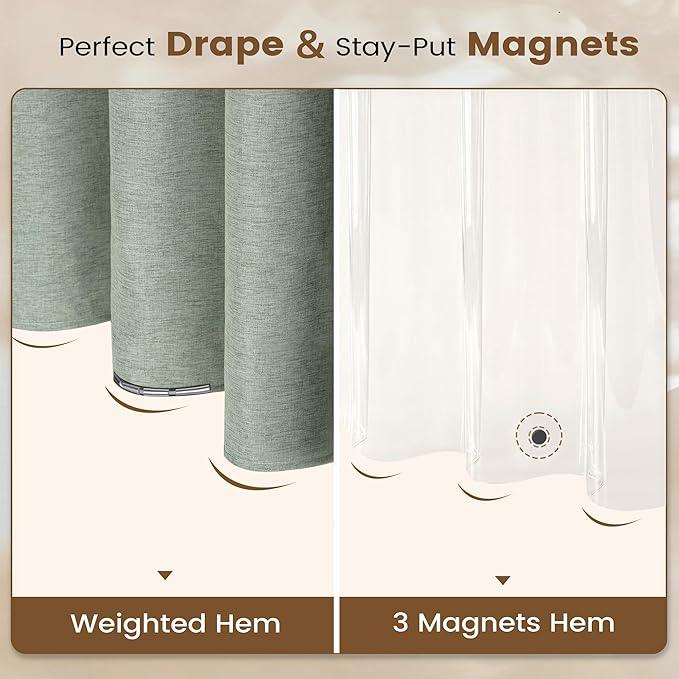 BTTN Sage Green 3 in 1 Shower Curtain Set - Linen Textured Cloth Shower Curtain and PEVA Liner with Plastic Hook and 3 Magnets, Tall Modern Neutral Waterproof Shower Curtain for Bathroom, 72x84 - ModernBath