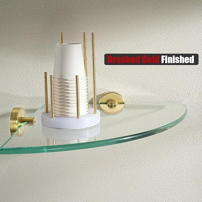 JQK Corner Glass Shelf 10.67 Inch, Brushed Gold Bathroom 304 Stainless Steel Shower Triangle Floating Wall Shelf Tempered Glass, 3 Pack TGS190L10-BG-P3 - ModernBath