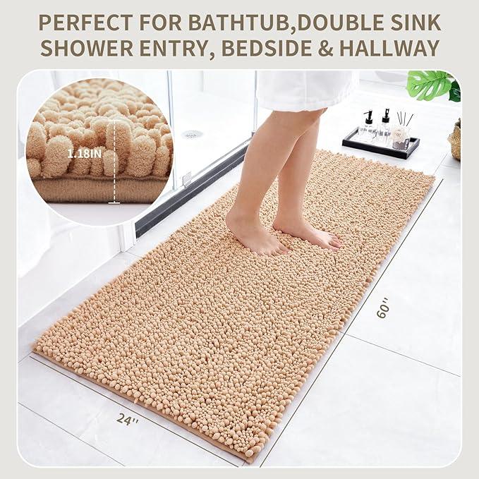 Ruggnovea Chenille Bathroom Rugs Non Slip Washable 60x24, Extra Thick Soft Absorbent Chenille Bath Mat, Non-Slip Barrier Backing, Quick Dry Machine Washable Bath Mats Tub, Shower,Floor/Sink,Beige - ModernBath