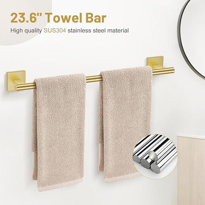 5 Pieces Bathroom Hardware Set Brushed Gold Towel Bar Set Includes 23.6” Towel Bar, Towel Ring Holder, Toilet Paper Holder and Two Towel Hooks, Bathroom Accessories Set SUS304 Wall Mounted - ModernBath