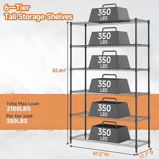 6 Tiers Storage Shelves Load 2100LBS, Metal Shelving Wire Metal Shelving Unit Shelves for Storage Adjustable Garage Shelving for Pantry Kitchen Garage Black 17.7" D x 47.3" W x 82.4" H - ModernBath