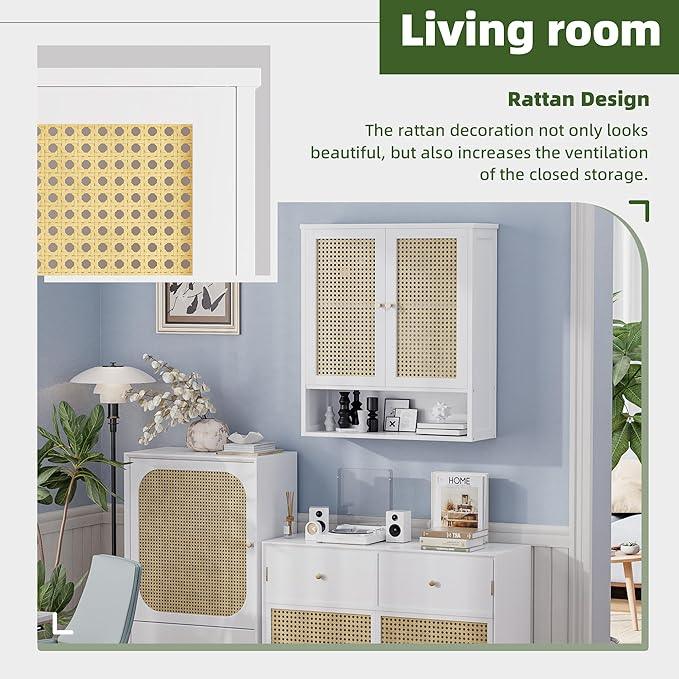 Bathroom Wall Cabinet, Bamboo Over-The-Toilet Storage Organizer with 2 Rattan Doors and Adjustable Shelf, Space Saver Medicine Cabinet for Laundry, Kitchen, Living Room (White) - ModernBath