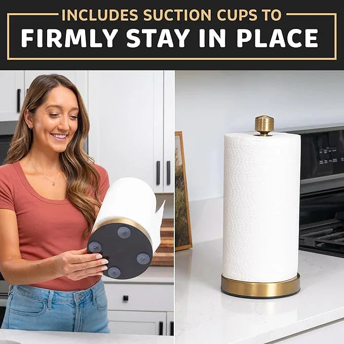 Dear Household Stainless Steel Paper Towel Holder Easy One-Handed Operation - This Sturdy Weighted Paper Towel Dispenser Countertop Model Has Suction Cups and Holds All Paper Towel Rolls - Gold - ModernBath