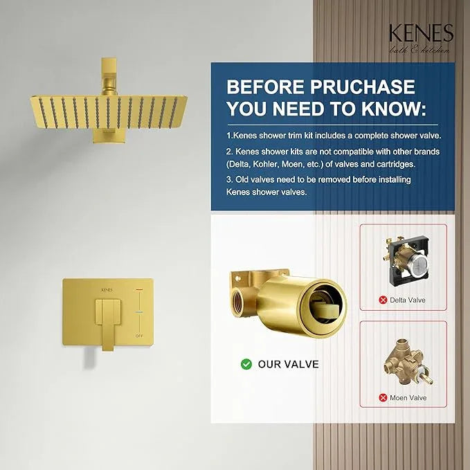 KENES Brushed Gold Shower Faucet, Modern Square 10-Inch Shower Head and Handle Set, Bathroom Rainfall Shower System Wall Mount, KE-6024B-4 (Including Shower Valve) - ModernBath