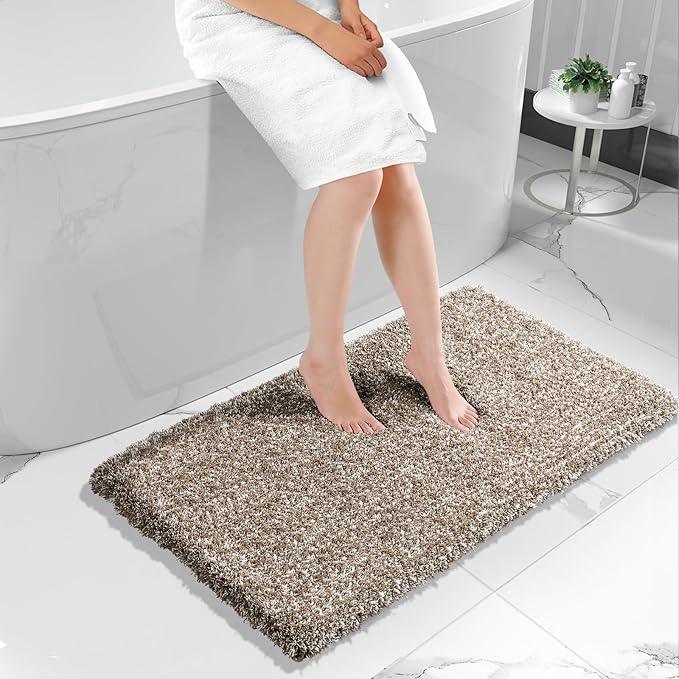 Yimobra Luxury Bathroom Rugs, Fluffy Bath Mats, Non Slip, Water Absorbent Microfiber, Machine Washable, Plush Runner Shower Rugs, Thick Matts for Bathroom Floor&Tub, 47"x 24", Light Brown and White - ModernBath