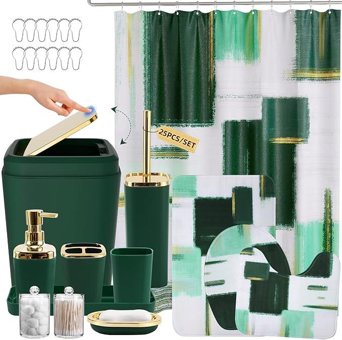 XLHOMO Bathroom Accessories Set - 25PC Bathroom Set with Shower Curtain and Rugs, Green Bathroom Set, Bathroom Accessory Set with Press-on Lid Trash Can, Soap Dispenser and Qtip Holders - ModernBath