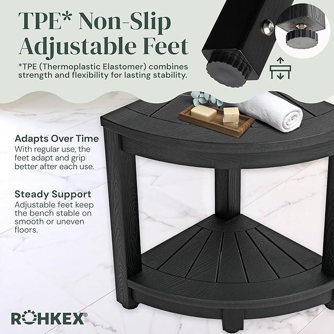 ROHKEX Plastic Corner Shower Stool - Black, Plastic - Shaving Seat & Shower Stool for Shaving Legs - Non-Slip Feet & Waterproof Bench - Space-Saving Storage & Corner Bench, Home Decor Gifts Idea - ModernBath