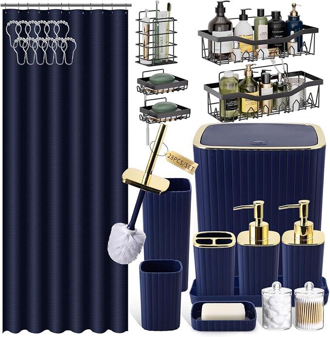 XLHOMO 28PC Bathroom Set - Gorgeous Blue Bathroom Set, Bathroom Accessory Set, Blue Shower Curtain Set with 5PC Shower Shelves - ModernBath