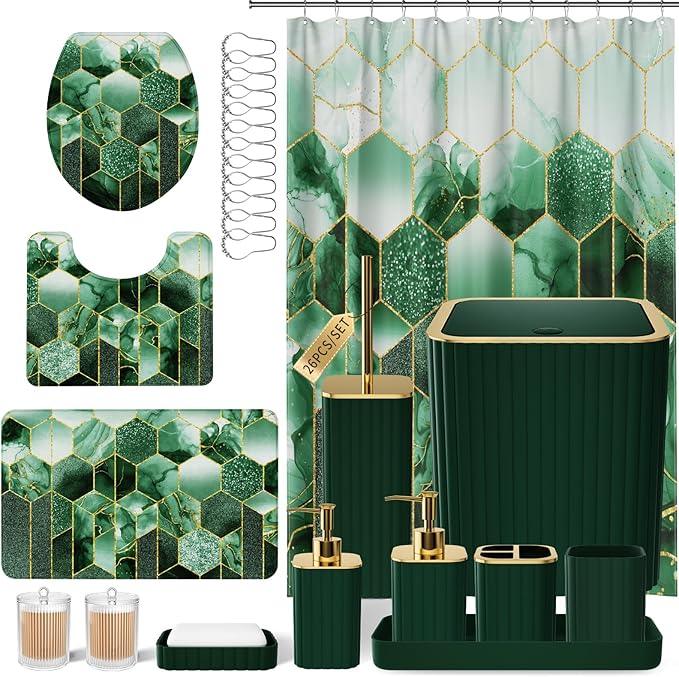 XLHOMO Bathroom Set - 26PC Bathroom Set with Shower Curtain and Rugs, Bathroom Accessory Set, Dark Green Bathroom Accessories Set, Trash Can & Soap Dispenser - ModernBath