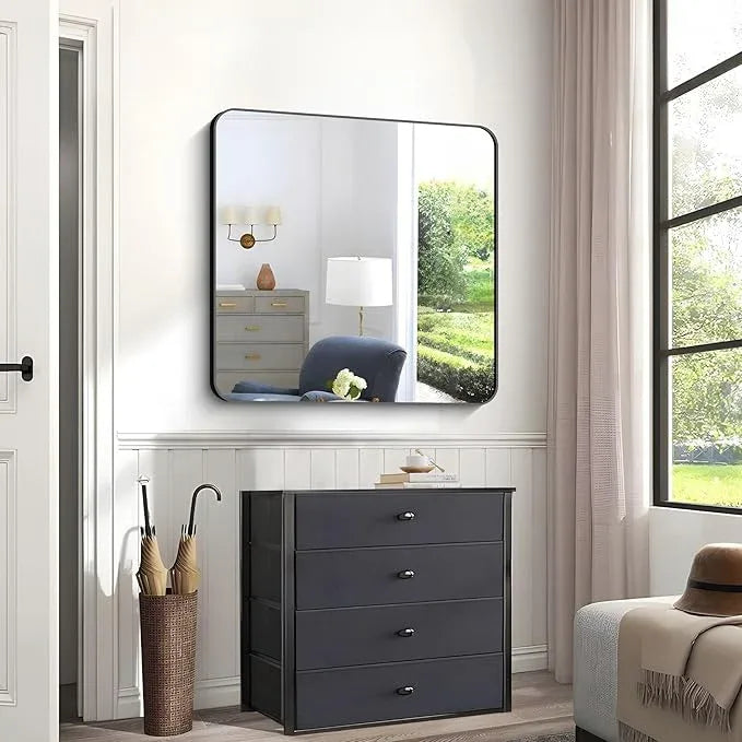 CIVENO Black Bathroom Mirrors for Wall, 30"x30" Square Mirror, Rounded Corner Metal Frame Wall Mirror, Bathroom Vanity Mirror for Bedroom Living Room Entryway Horizontal Or Vertical Mounting - ModernBath
